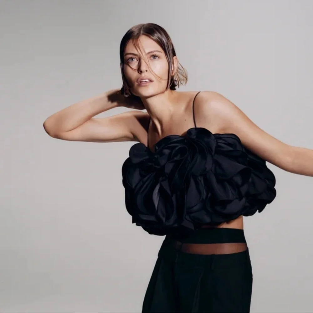 MAGDA BUTRYM X H&M RUFFLE SATIN BUSTIER TOP In Black - Picture 2 of 13